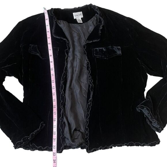 Chico’s Silk Blend Velvet Cardigan Style Jacket With Ruffle Detail - Picture 13 of 14
